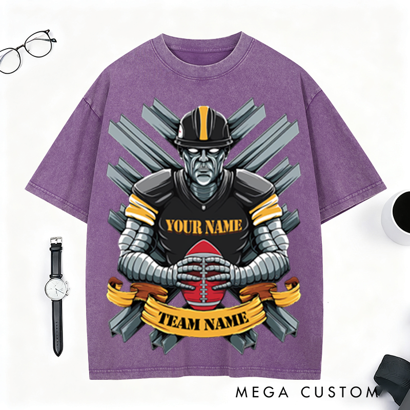 Personalized Steel Warrior Football T-Shirt with Custom Team and Player Name