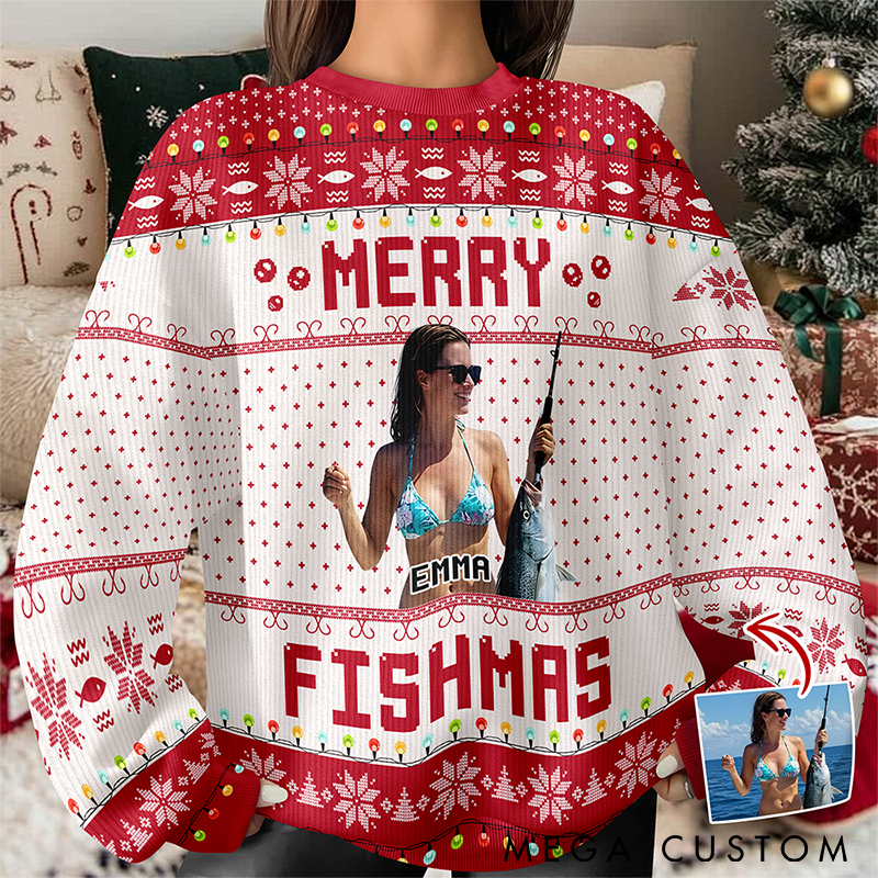 Personalized Merry Fishmas Ugly Sweater Funny Fishing Ugly Sweater Custom Photo and Name Funny Holiday Gift for Fishing Lovers