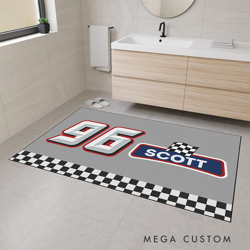 Personalized Racing Checkered Flag Doormat Custom Name and Number Welcome Mat for Racer and Racing Lovers