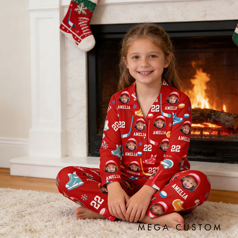 Personalized Kids Photo Hockey Pajamas with Costom Photo and Name for Hockey Fans