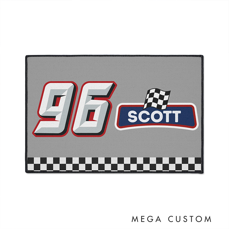 Personalized Racing Checkered Flag Doormat Custom Name and Number Welcome Mat for Racer and Racing Lovers
