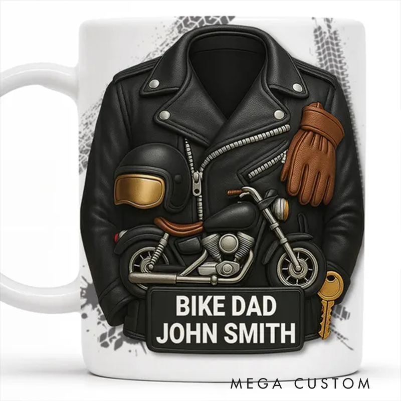 Personalized Motorcycle and Leather Jacket Mug Custom Name Bike Dad Mug Gift for Dads and Bikers