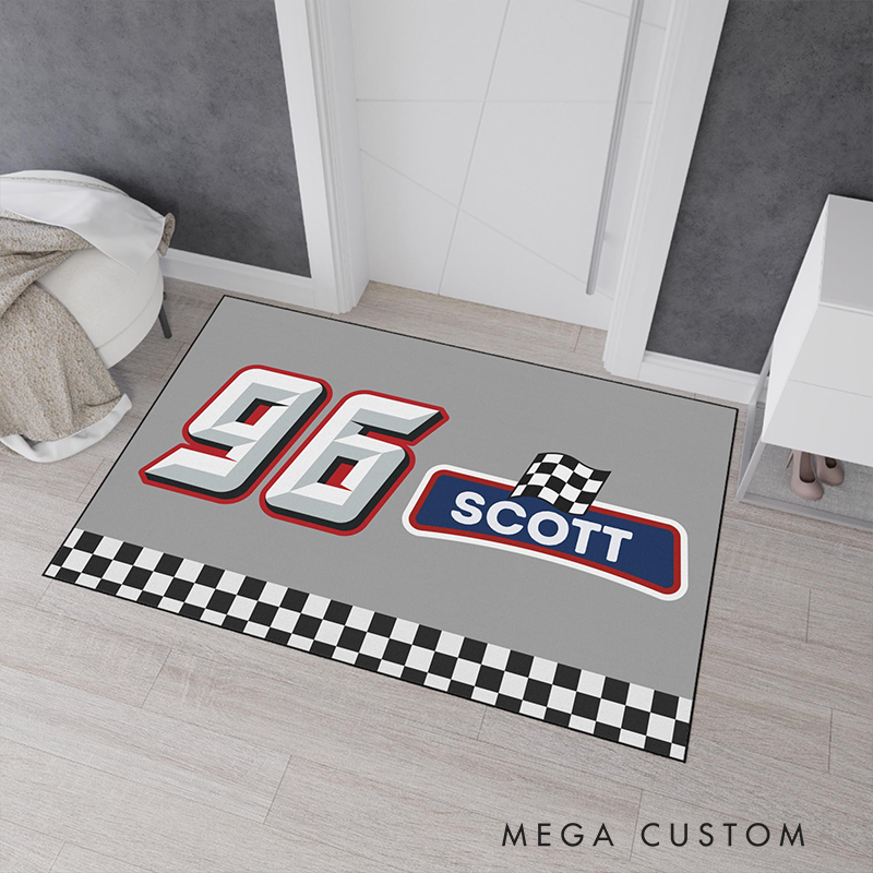 Personalized Racing Checkered Flag Doormat Custom Name and Number Welcome Mat for Racer and Racing Lovers