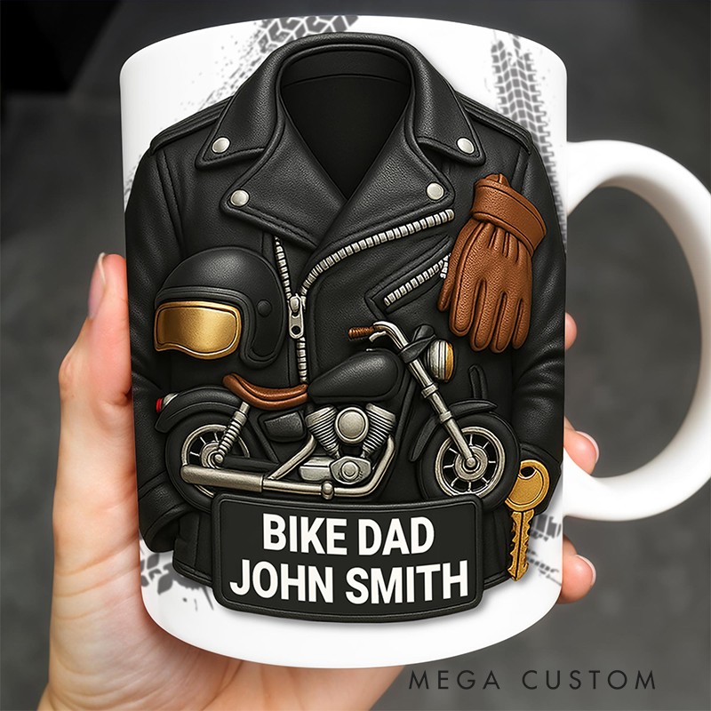 Personalized Motorcycle and Leather Jacket Mug Custom Name Bike Dad Mug Gift for Dads and Bikers