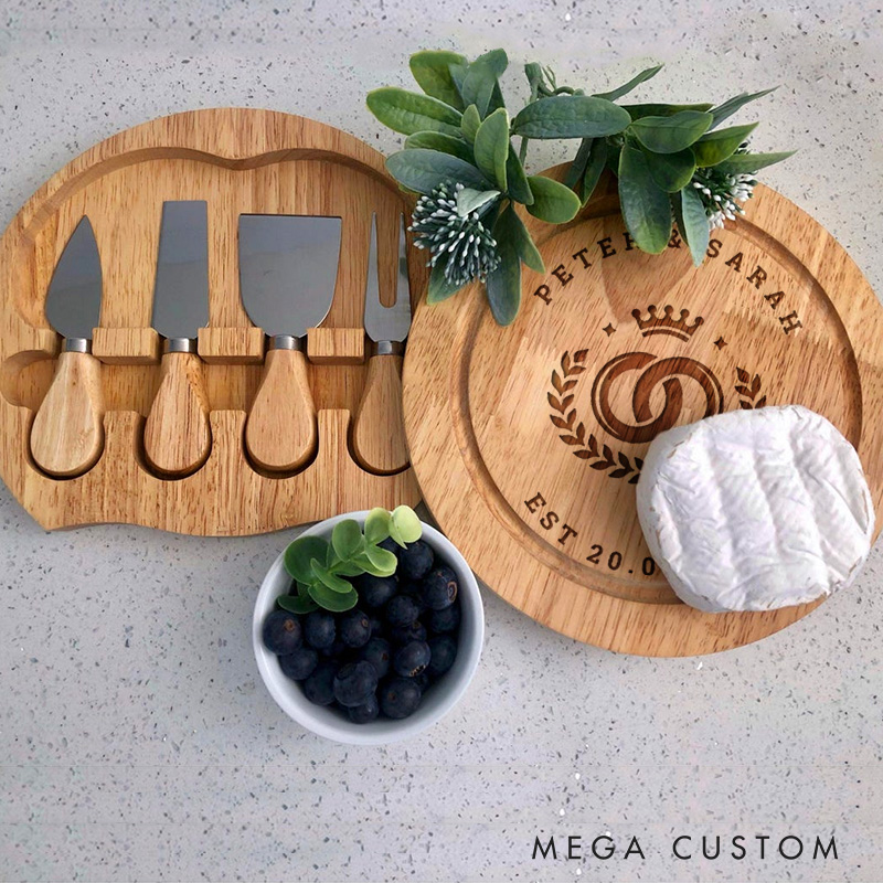 Personalised Interlocking Rings and Crown Round Wood Cheese Hinge Board & Knife Travel Set