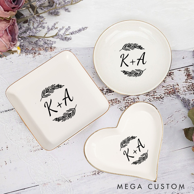 Personalized Elegant Fern Wedding Monogram with Initials Wedding Engagement Gold-Trimmed Ring Dishes