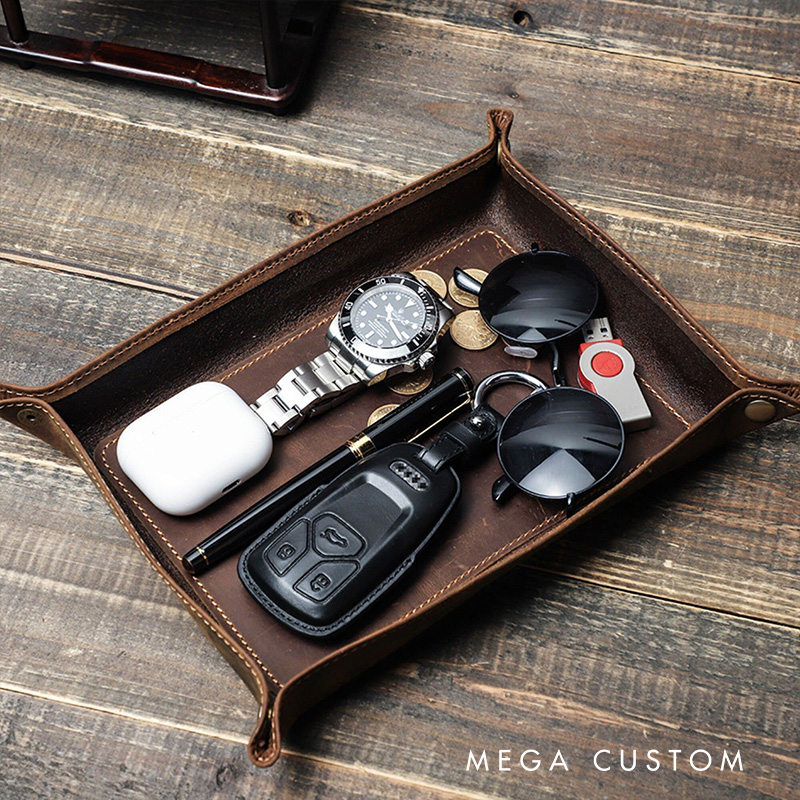 Personalized Mountain Peaks Couple Wedding Engagement Men Leather Tray Catchall Valet Tray