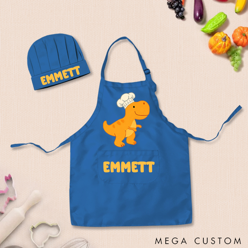 Personalized Cartoon Dinosaur Adjustable Kid Apron Chef Hat Set with Pocket and Name for Cooking Baking Birthday Holiday Gift for Kids