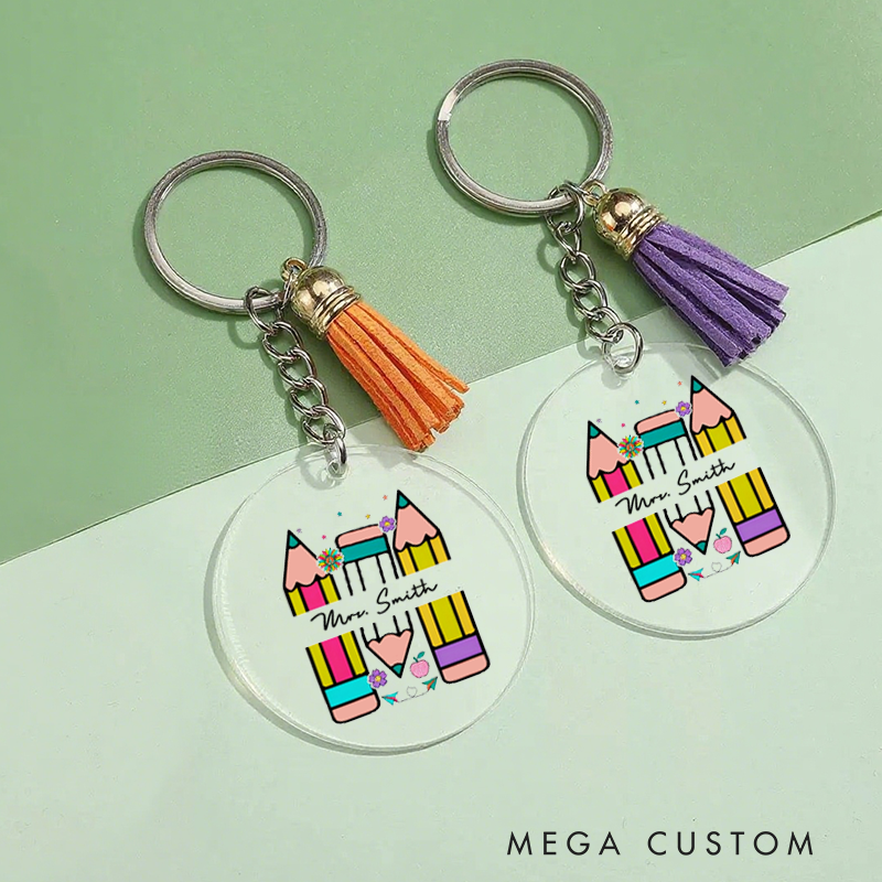 Personalized Acrylic Tassel Keychain for Teachers Customized Flower Pencil Design Keychain Teacher Appreciation Gift 