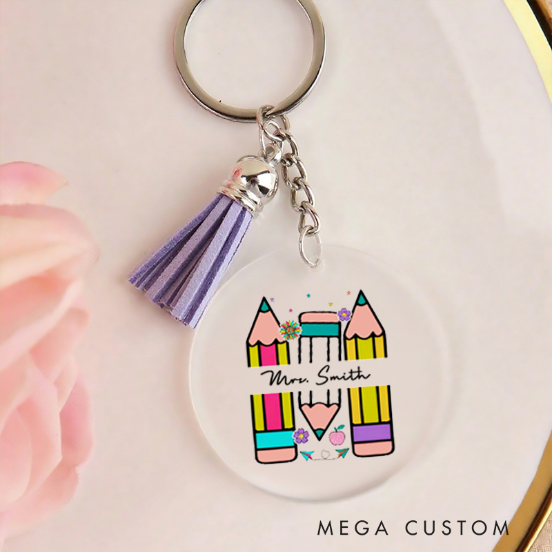 Personalized Acrylic Tassel Keychain for Teachers Customized Flower Pencil Design Keychain Teacher Appreciation Gift 