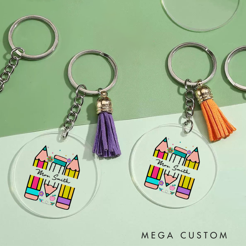 Personalized Acrylic Tassel Keychain for Teachers Customized Flower Pencil Design Keychain Teacher Appreciation Gift 