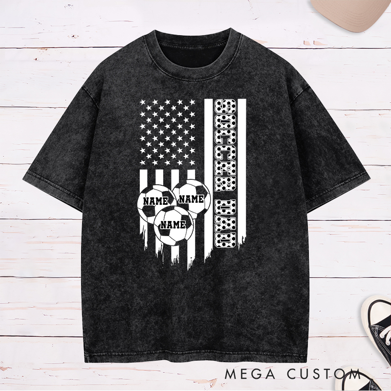 Personalized Soccer Dad Washed T-Shirt with American Flag and Custom Name