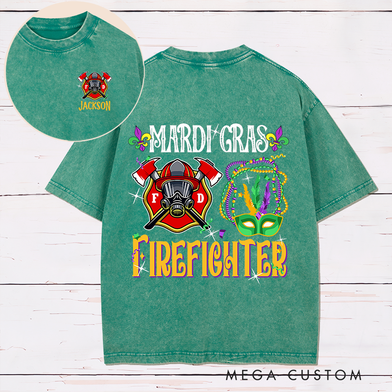 Personalized Firefighter Washed T-Shirt Mardi Gras Firefighter Design Festive Gift for Firefighters