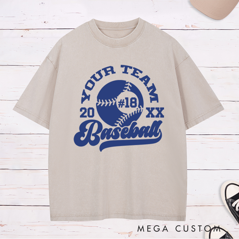 Personalized Baseball Washed T-Shirt with Custom Team Name, Player Number, and Year Design