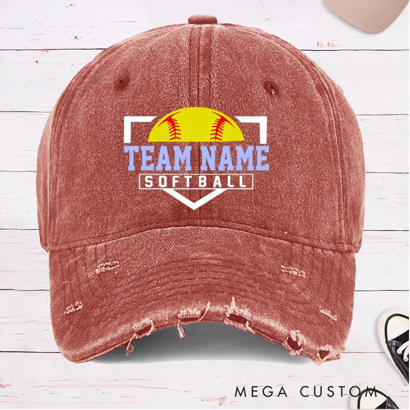 Personalized Distressed Denim Softball Cap with Custom Team Name and Softball Graphic Design