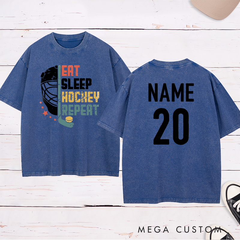 Personalized "Eat, Sleep, Hockey, Repeat" Washed T-Shirt with Custom Name and Number