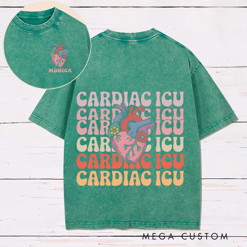 Personalized Two Sides Printed Washed T-Shirt Customized Cardiac ICU Vibrant Heart Design Washed T-Shirt 
