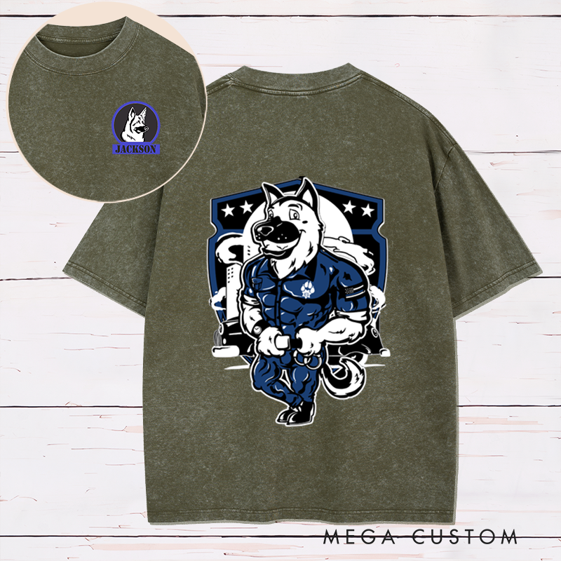 Personalized Police K9 Washed T-Shirt with Cartoon Dog and Law Enforcement Design Gift for Police