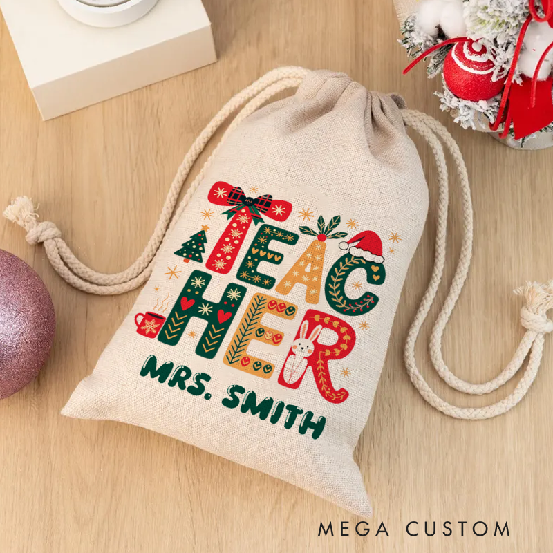 Personalised Christmas Santa Sack for Teachers Custom Cute Christmas Teacher Design Sack Christmas Gift