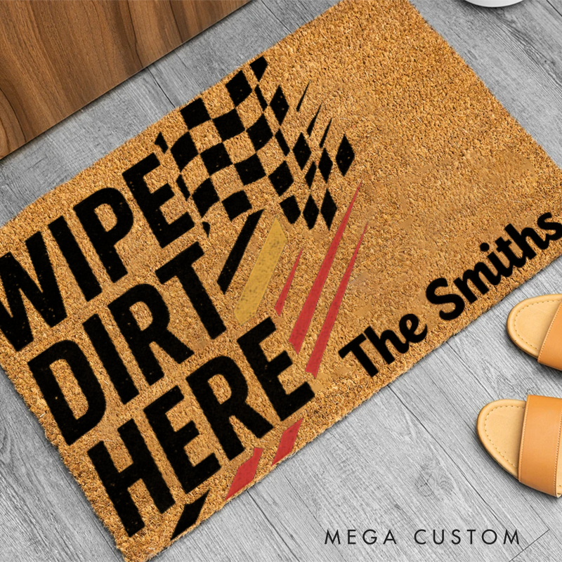 Personalized Racing Checkered Flag Doormat Wipe Dirt Here Mat for Racer and Racing Lovers