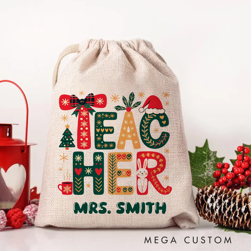 Personalised Christmas Santa Sack for Teachers Custom Cute Christmas Teacher Design Sack Christmas Gift