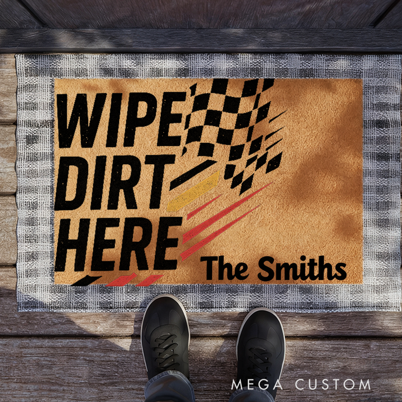 Personalized Racing Checkered Flag Doormat Wipe Dirt Here Mat for Racer and Racing Lovers