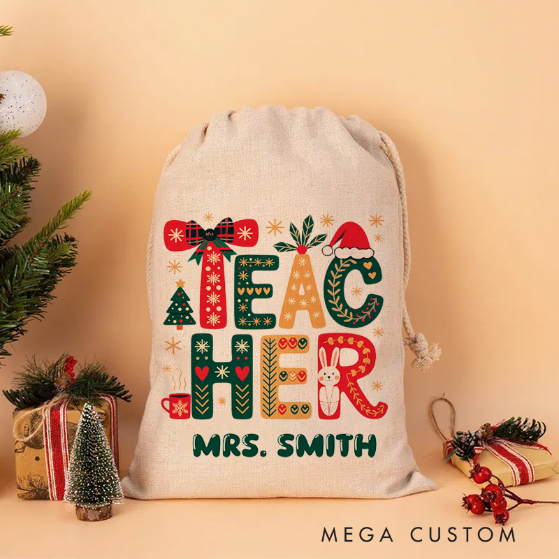 Personalised Christmas Santa Sack for Teachers Custom Cute Christmas Teacher Design Sack Christmas Gift
