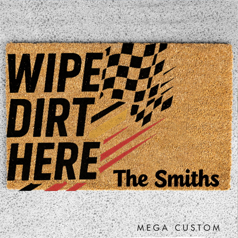 Personalized Racing Checkered Flag Doormat Wipe Dirt Here Mat for Racer and Racing Lovers