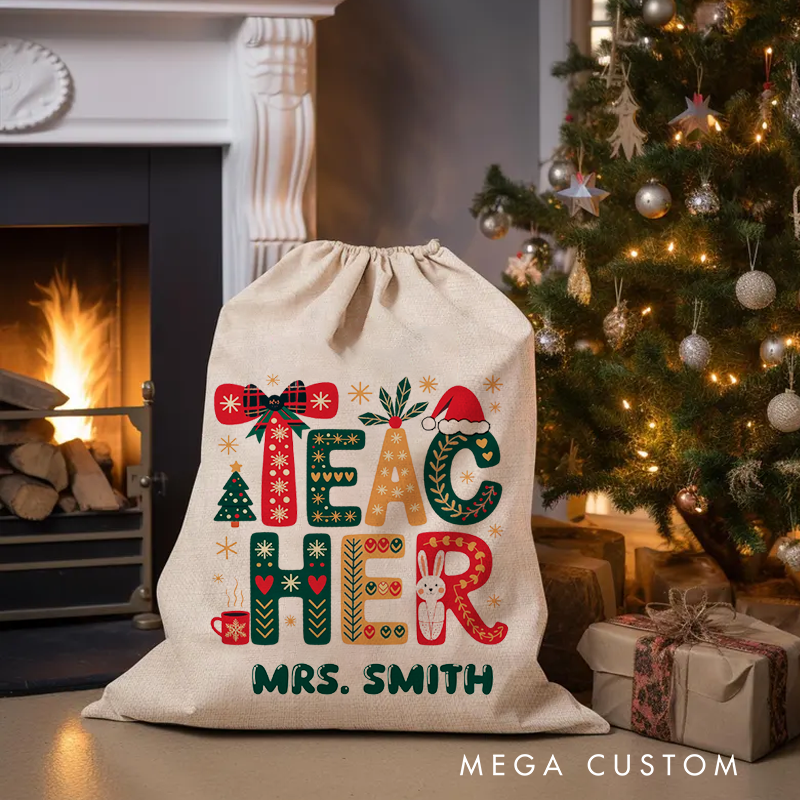 Personalised Christmas Santa Sack for Teachers Custom Cute Christmas Teacher Design Sack Christmas Gift