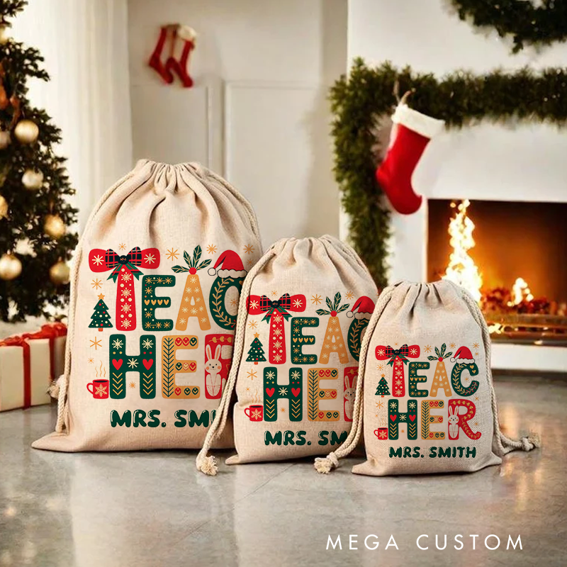 Personalised Christmas Santa Sack for Teachers Custom Cute Christmas Teacher Design Sack Christmas Gift