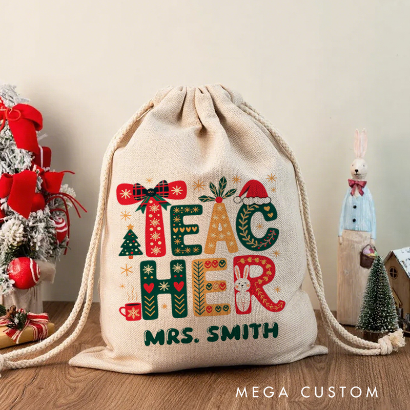 Personalised Christmas Santa Sack for Teachers Custom Cute Christmas Teacher Design Sack Christmas Gift