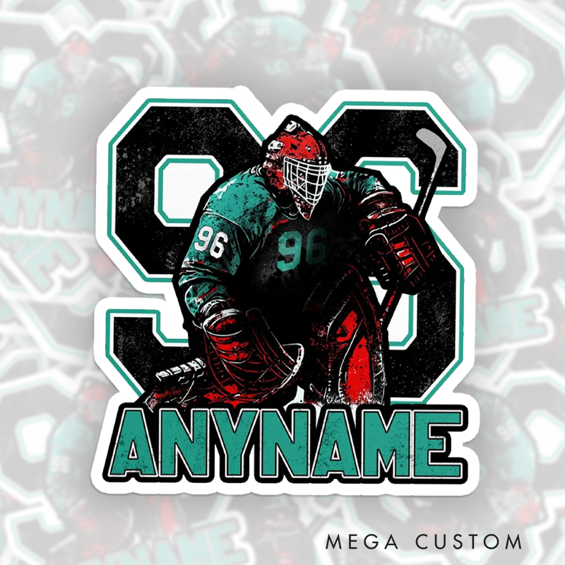 Personalized Ice Hockey Sticker Featuring Intense Goalie Graphic and Custom Name and Number