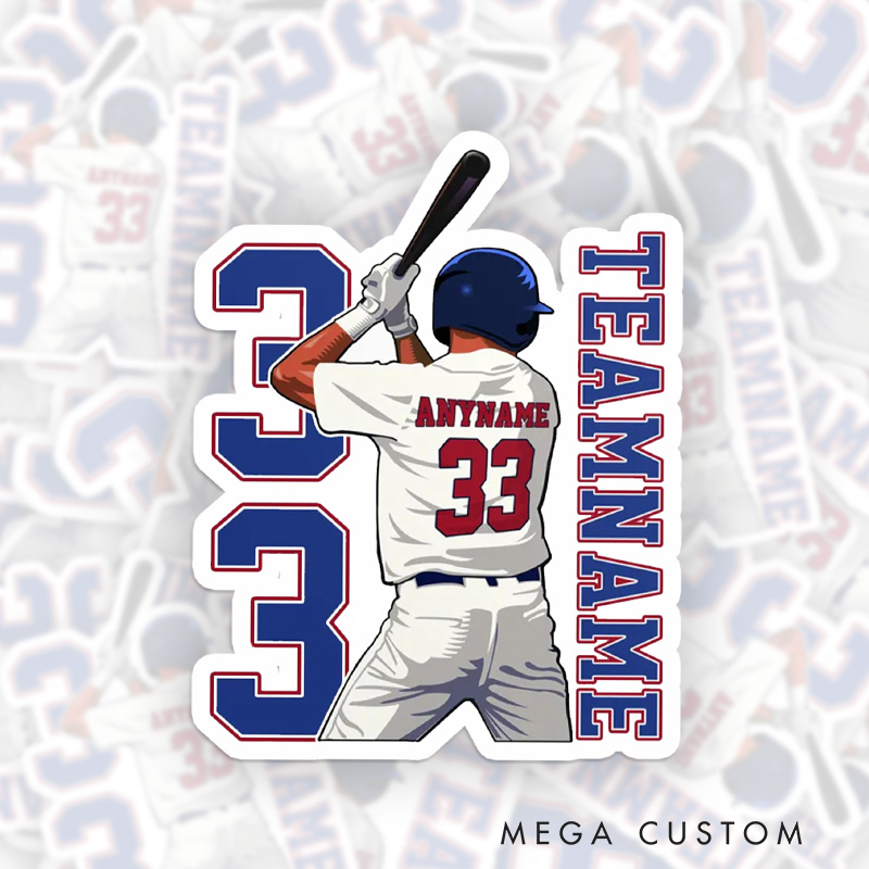 Personalized Baseball Sticker with Player Swinging Pose and Custom Name 