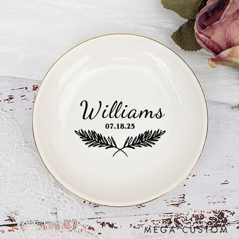 Personalized Classic Fern Wedding Monogram with Date Wedding Engagement Gold-Trimmed Ring Dishes