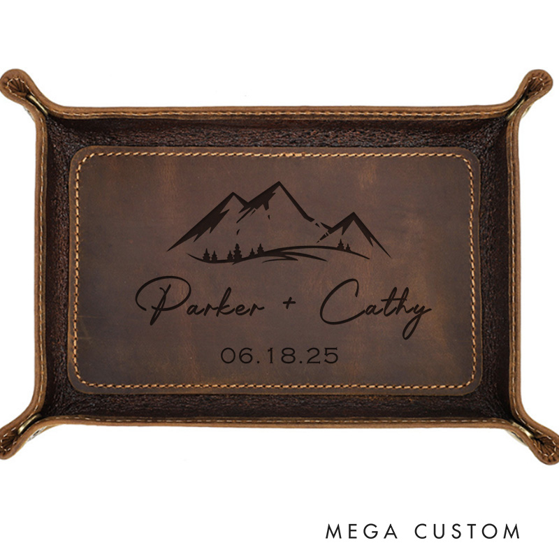 Personalized Mountain Peaks Couple Wedding Engagement Men Leather Tray Catchall Valet Tray