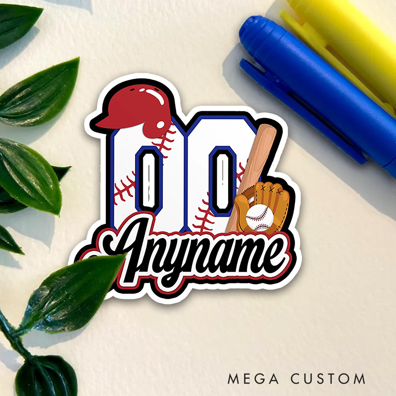 Personalized Sports Sticker Featuring Helmet, Bat, and Glove Design  