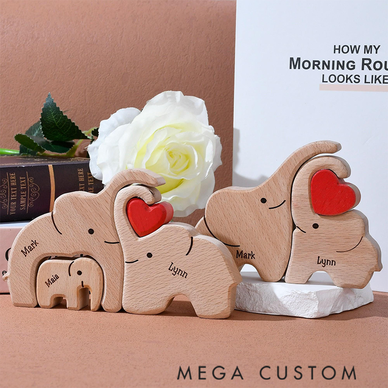 Personalized Wood Elephant Figurine Cuddling Decoration Hand-Carved Elephant for Family Keepsake Gifts