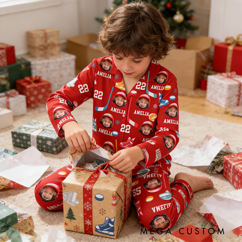 Personalized Kids Photo Hockey Pajamas with Costom Photo and Name for Hockey Fans