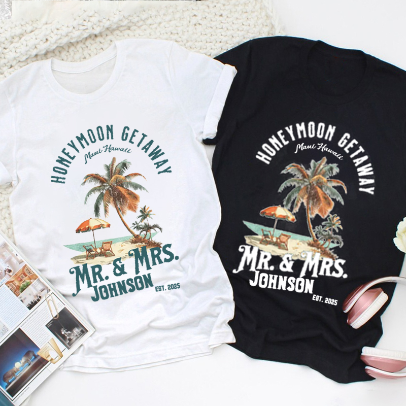 Personalized Vinatge Tropical Honeymoon Getaway with Beach Scene Matching Honeymoon Couple Classic T-Shirt