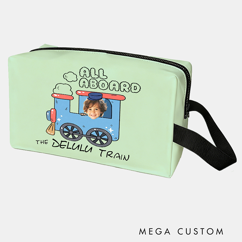Personalized Cartoon Train Conductor Custom Kids Name and Face Toiletry Bag Design for Kids Travel Gifts and Daily Use