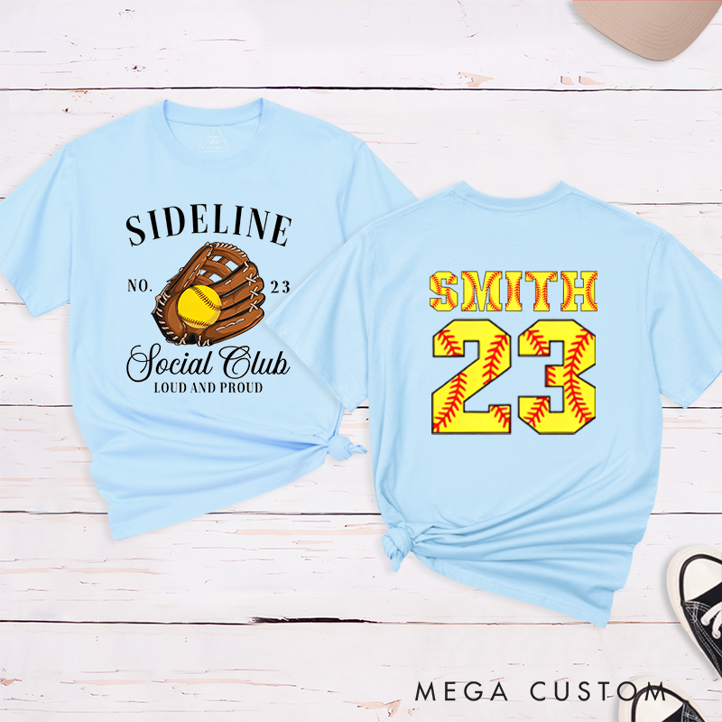 Personalized Softball Sideline Social Club T-Shirt with Custom Name and Number Perfect Gift for Proud Fans Supporters and Players