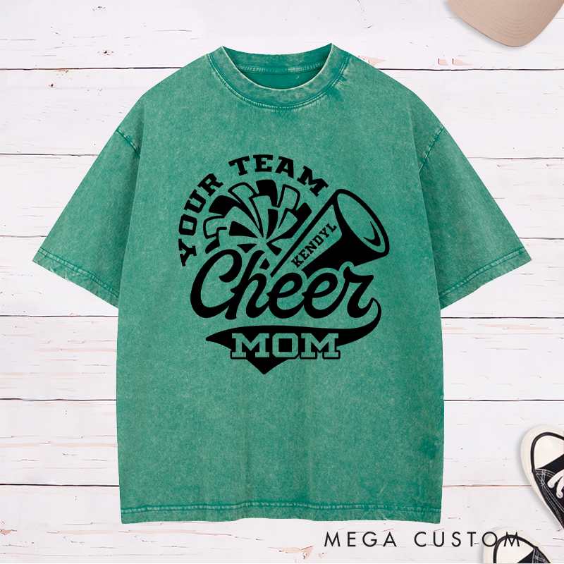 Personalized Cheer Mom Washed T-Shirts Featuring Custom Team Name and Player Name on the Front for Game Day Spirit