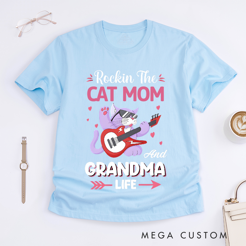 Personalized Classic T-Shirts Rockin' Cat Mom Grandma Tee Retro-Style Feline Lover Gift Perfect for Music Enthusiast Cat Ladies Gift
