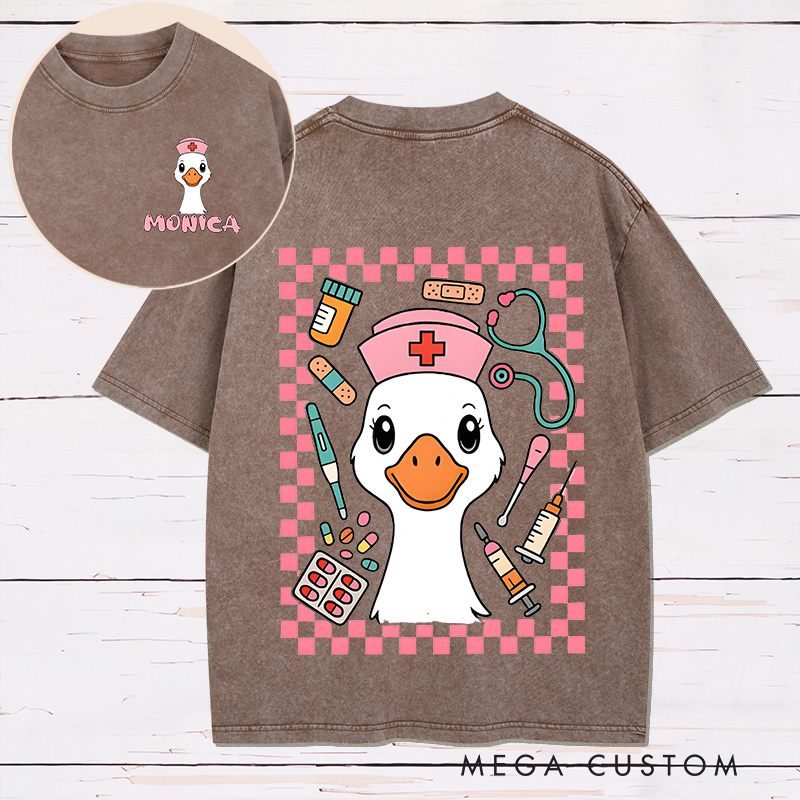 Personalized Two Sides Printed Washed T-Shirt Customized Nurse Goose Fun Design Washed T-Shirt 