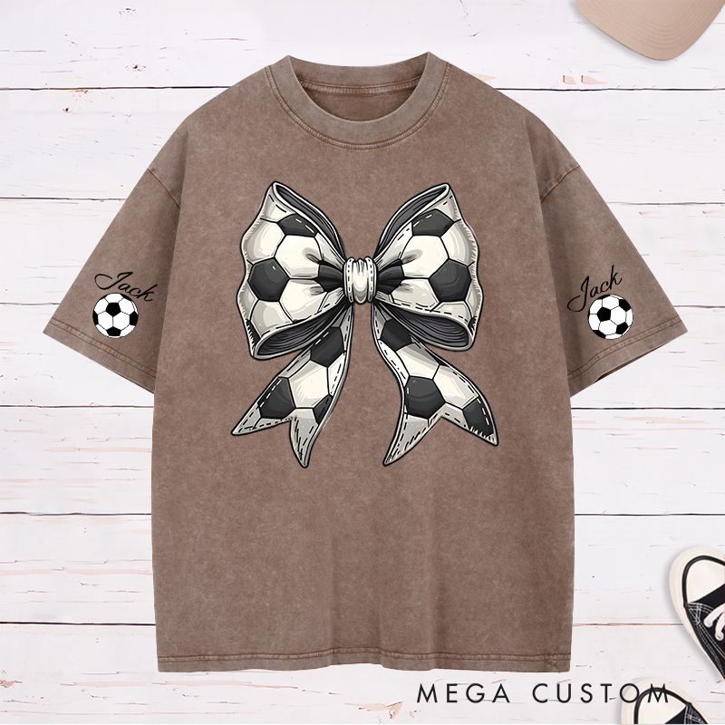 Personalized Soccer Washed T-Shirt with Stylish Soccer Ball Bow and Custom Name