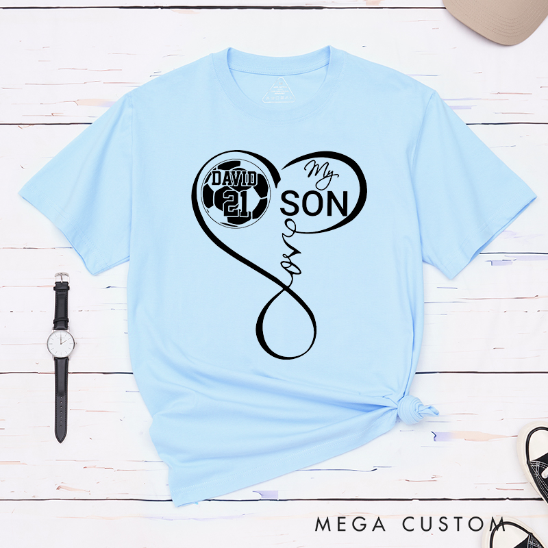 Personalized "My Son" Soccer T-Shirt with Heart Design and Custom Name and Number