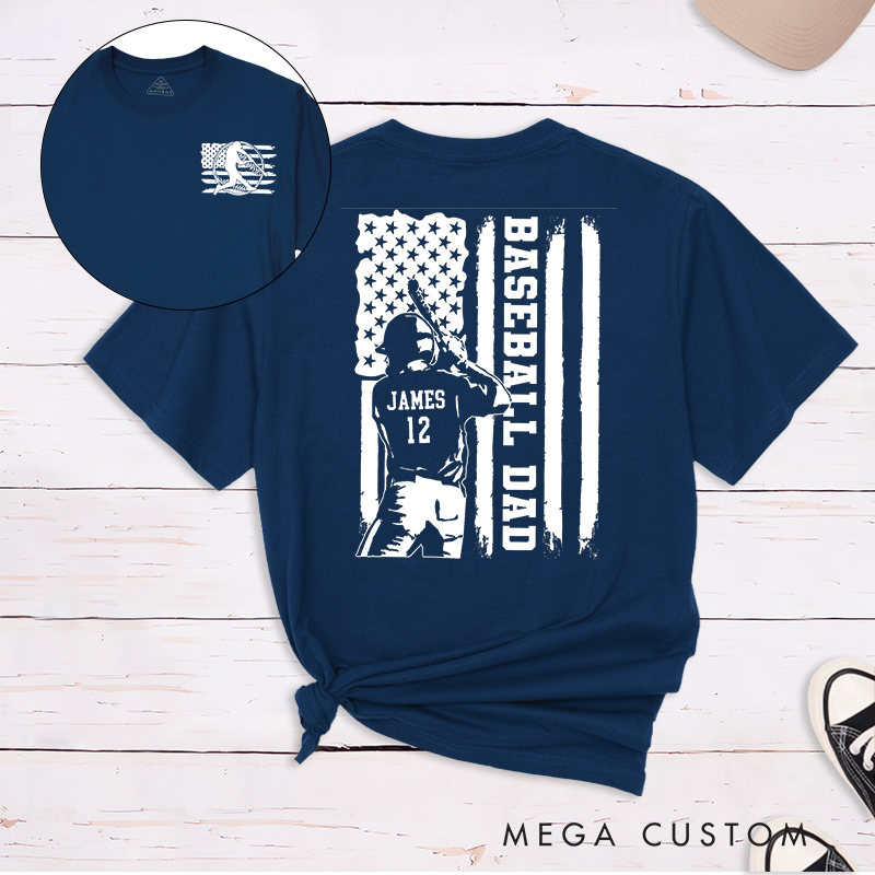 Personalized Baseball Dad T-Shirt with Patriotic Flag and Custom Name and Number