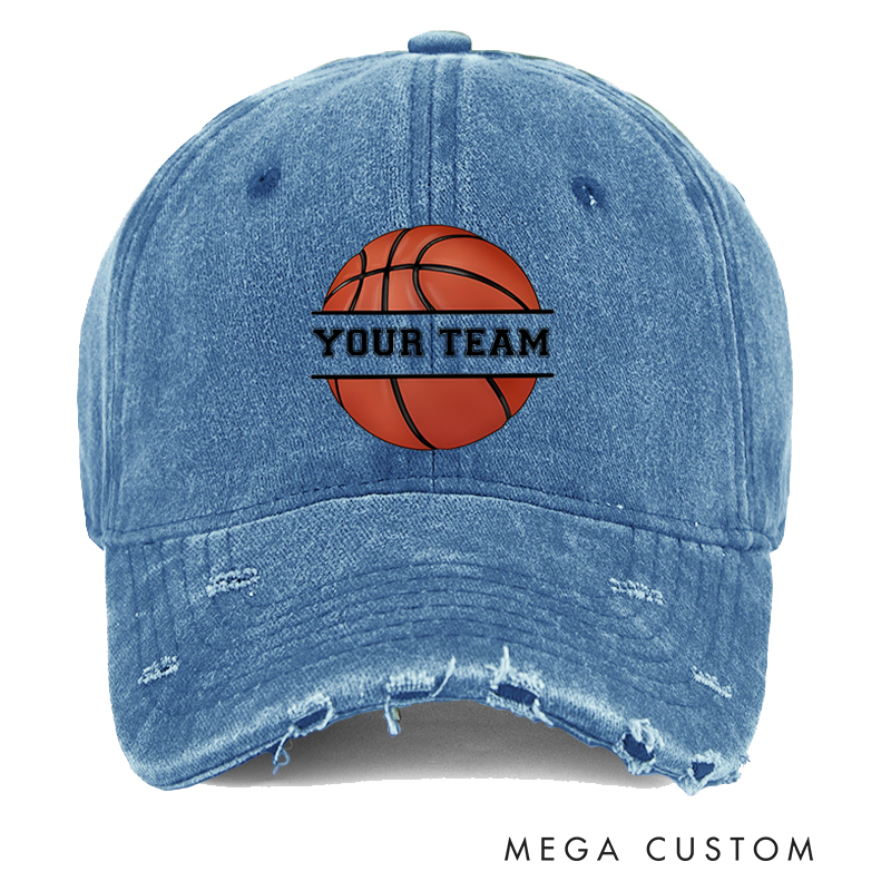 Personalized Distressed Denim Basketball Cap with Team Name and Bold Graphic Design