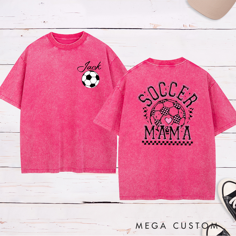 Personalized Soccer Mama Washed T-Shirt with Vibrant Pink Details and Custom Name and Number 