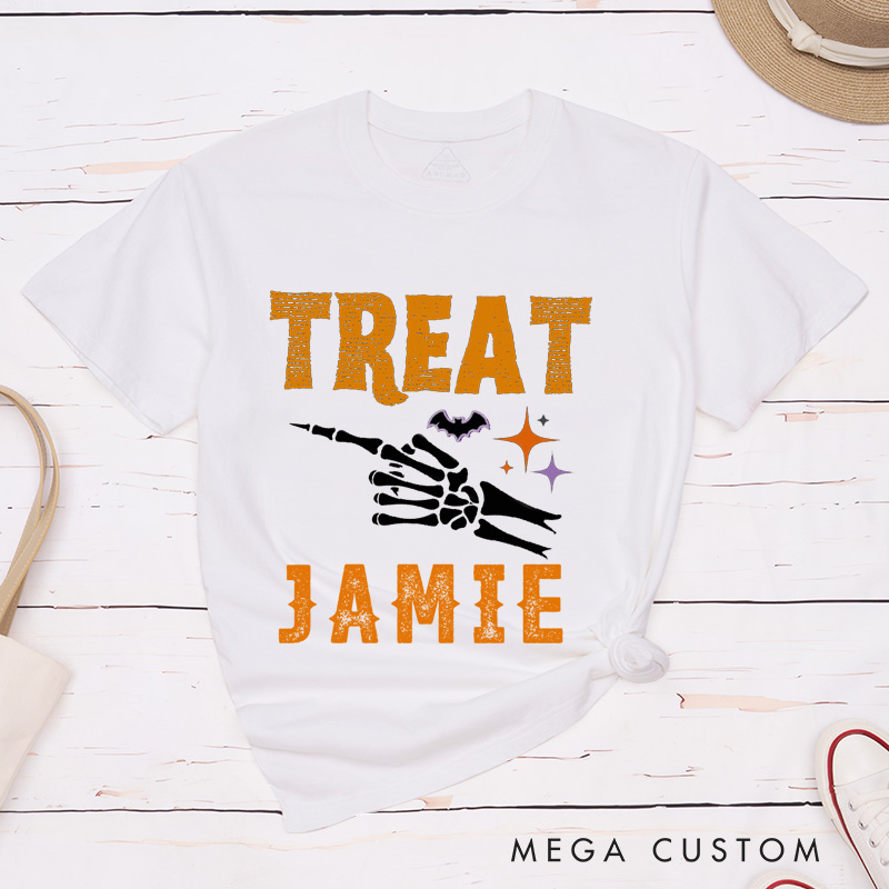 Personalized Halloween Trick Or Treat Funny Couple Matching T-Shirt Skeleton Finger Couple Shirt